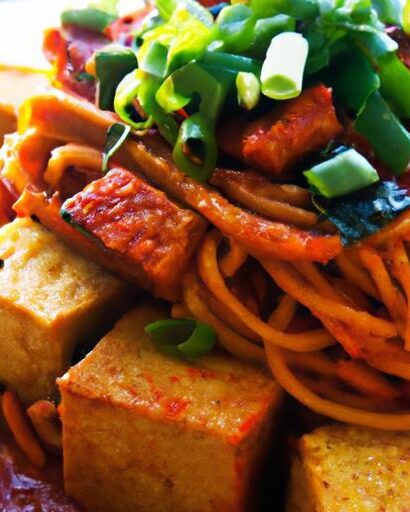 Fiery Gochujang Noodles with Crispy Tofu Delight