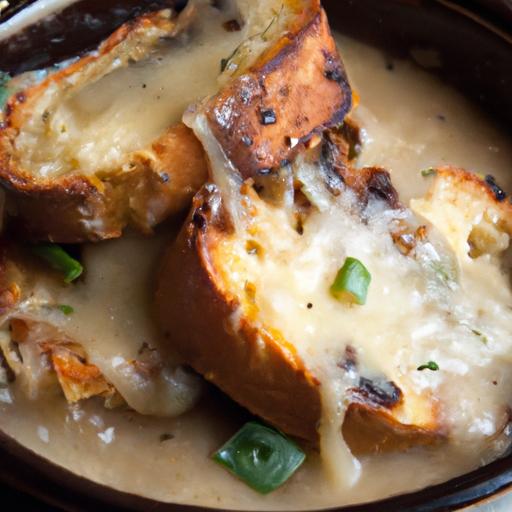 Hearty Vegan French​ Onion Soup with Crispy​ Cheesy Croutons